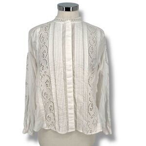 Madewell Lace Inset Pintuck Button-Up Blouse Cotton Long Sleeve Size XS NWT